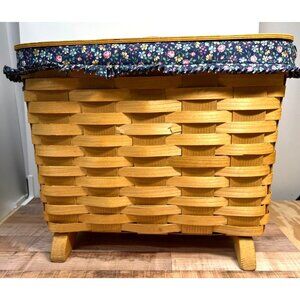 Peterboro Basket Co. Handwoven Basket With Handle, Lid And Feet, Floral Liner